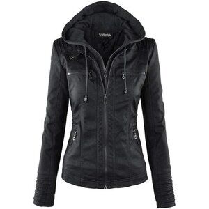 Women's Black Faux Leather with Hooded Zipper Casual Look Moto Jacket